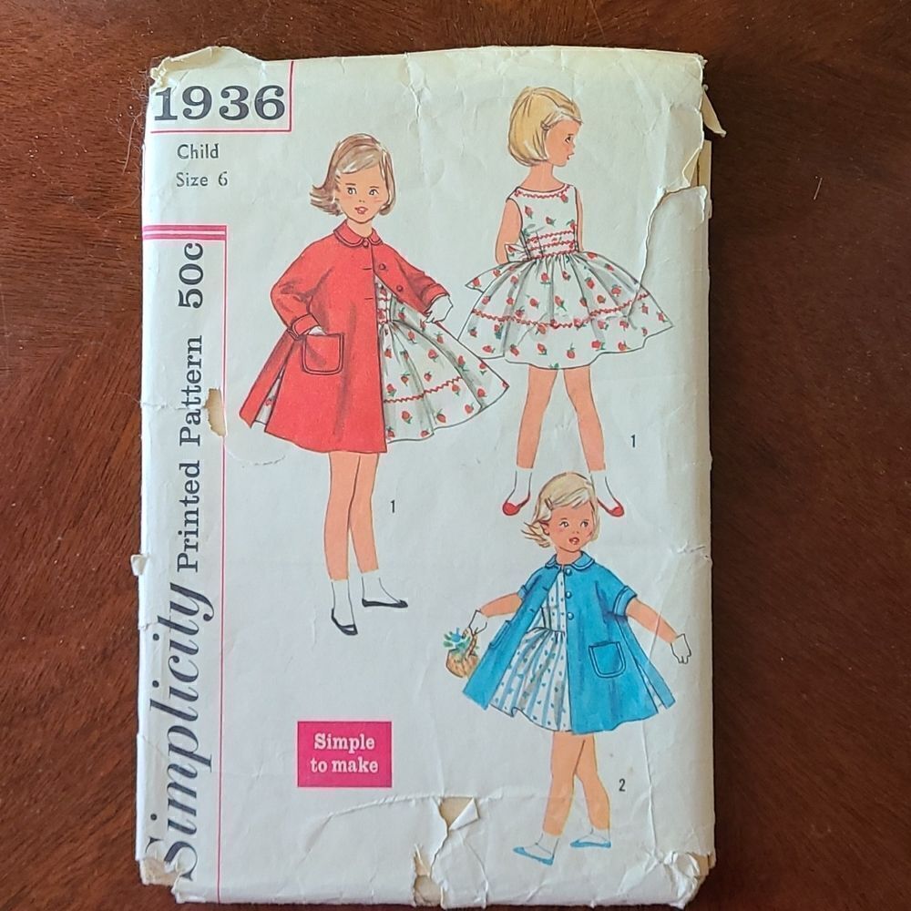 3/$15 Vintage 50s  Simplicity 1936 Dress and Coat Sewing Pattern child sz 6  